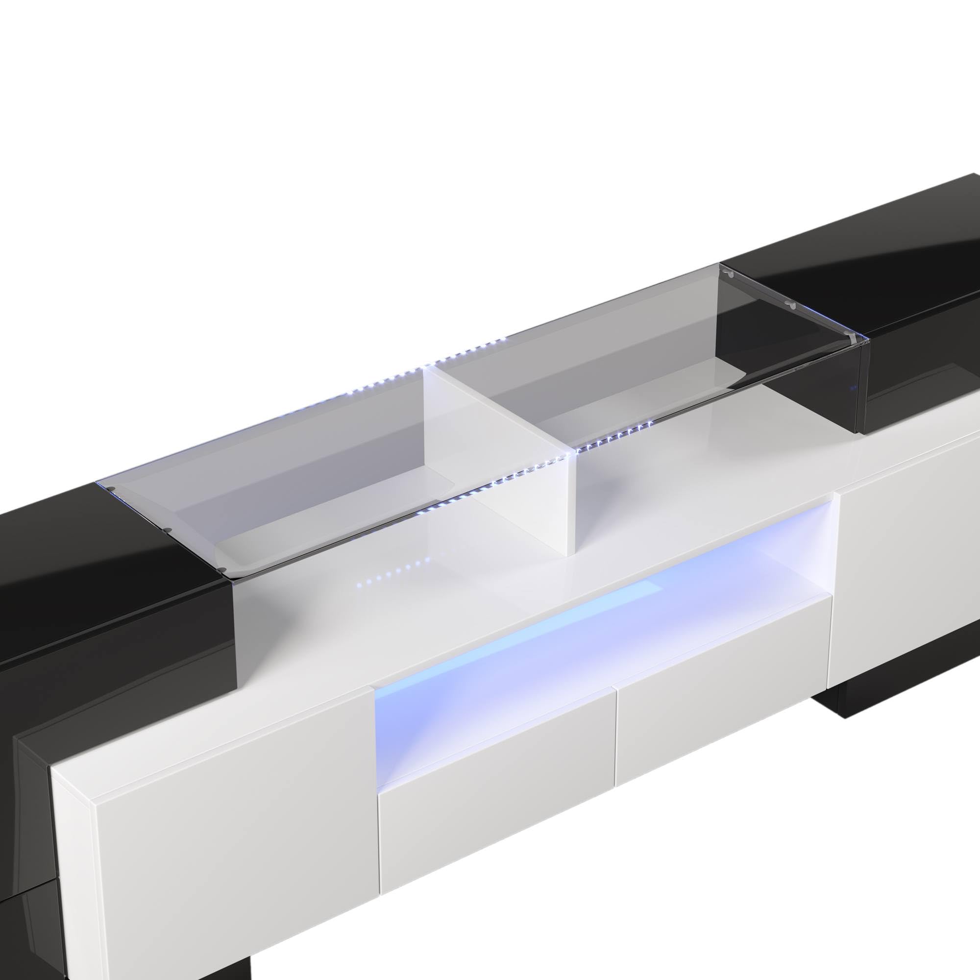 Sweiko Meuble TV Bas avec éclairage LED, Commode avec Beaucoup d'espace de Rangement, Forme Unique avec Surfaces en Verre, Design Moderne (Black, 200 L x 35 B x 60 H)