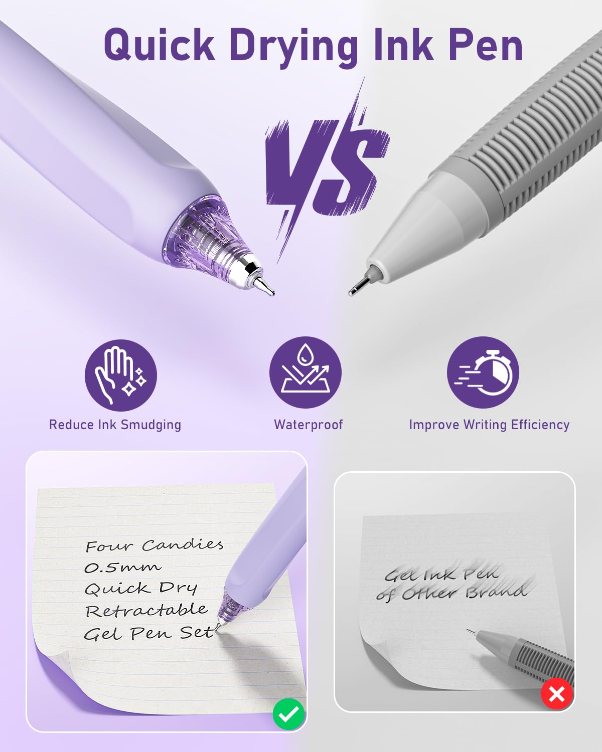 Four Candies 14Pack Gel Ink Pens Set,Retractable 0.5mm Fine Point Pen,Note Taking Aesthetic,11 Pcs Black Ink Pens and 1 Purple Ink Pen with 2Pcs Highlighter for School,Office(Purple) - Image 4