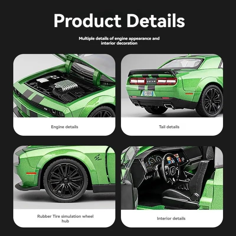 Image of 1:24 Scale Dodge Challenger SRT Toy Car | Metal Pullback Diecast Car for Kids with Openable Doors, Sound, Light Effects Toy for Car Enthusiasts (Color As Per Available),black