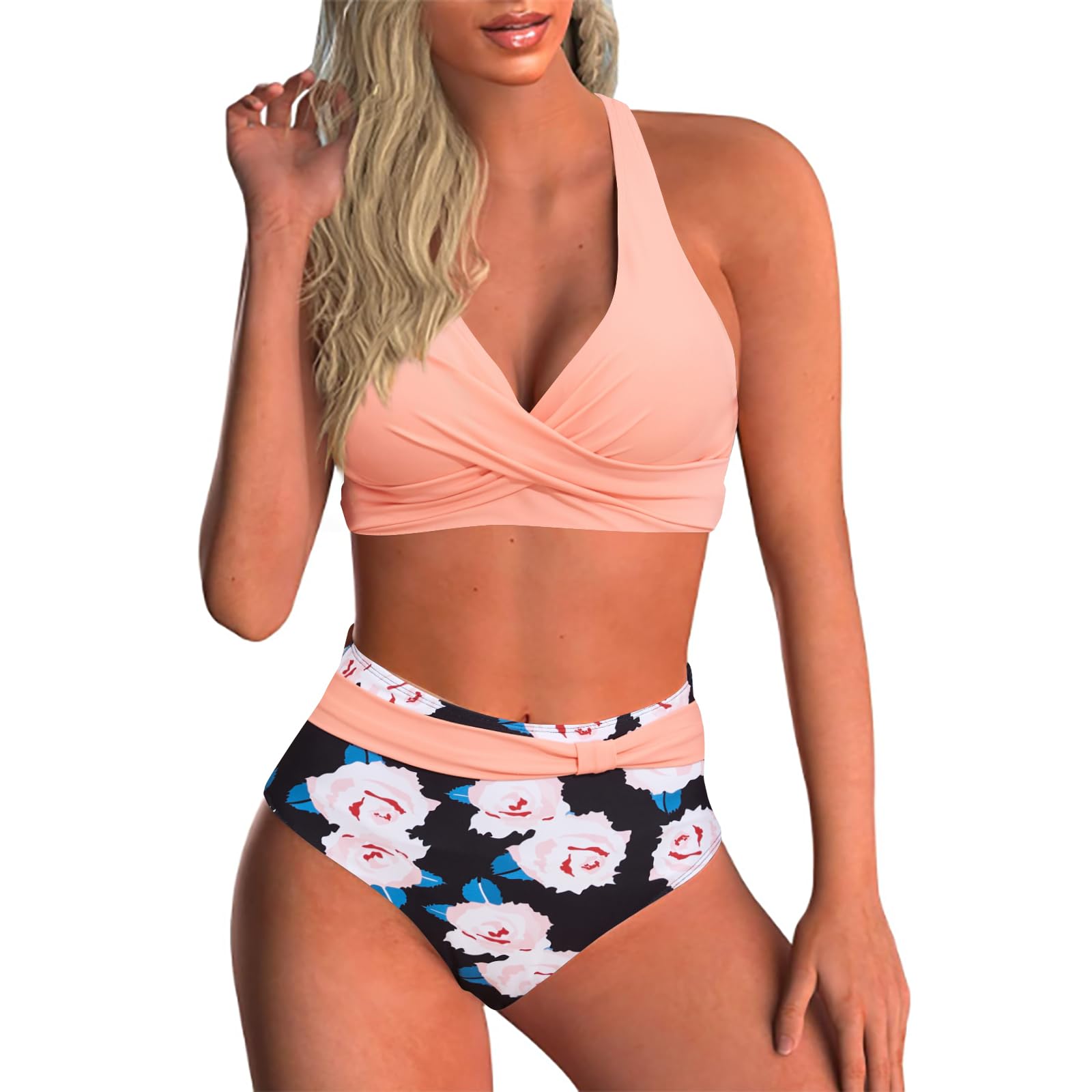 Baynetin Conjunto de Bikini Mujer Sexy de Dos Piezas Push Up Acolchado Retro Impreso Halter Backless Bikini Control de Vientre de Cintura Alta Traje de Baño