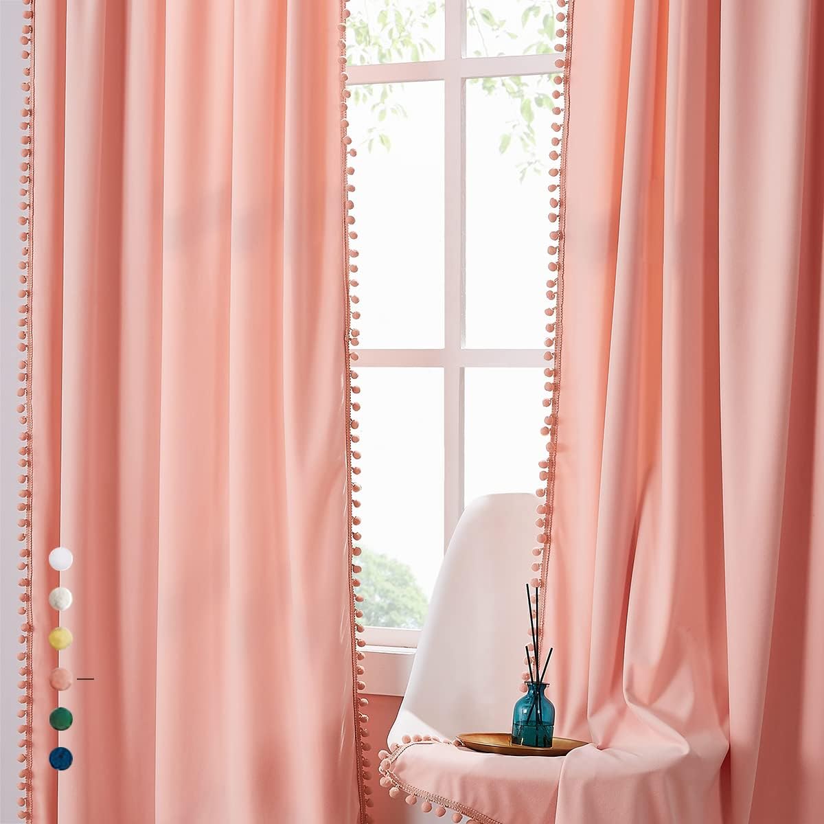 Treatmentex Velvet Blush Pink Curtains for Windows 63" Decorative Pom Pom Fringe Window Curtain Set for Girls Room Cotton Feel Soft, 1 Pair Coral