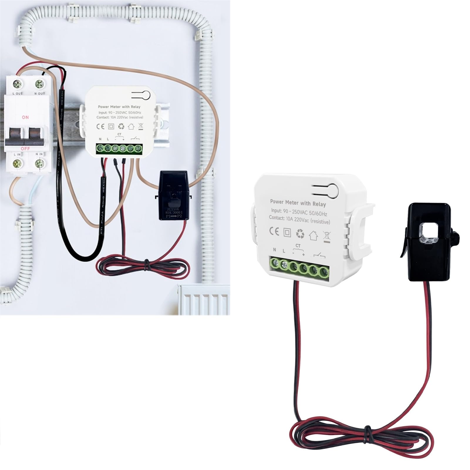 Medidor de energía inteligente WiFi con abrazadera de transformador de corriente CT de 80 A, monitor de consumo de energía monofásico de 90-250 VCA con relé para