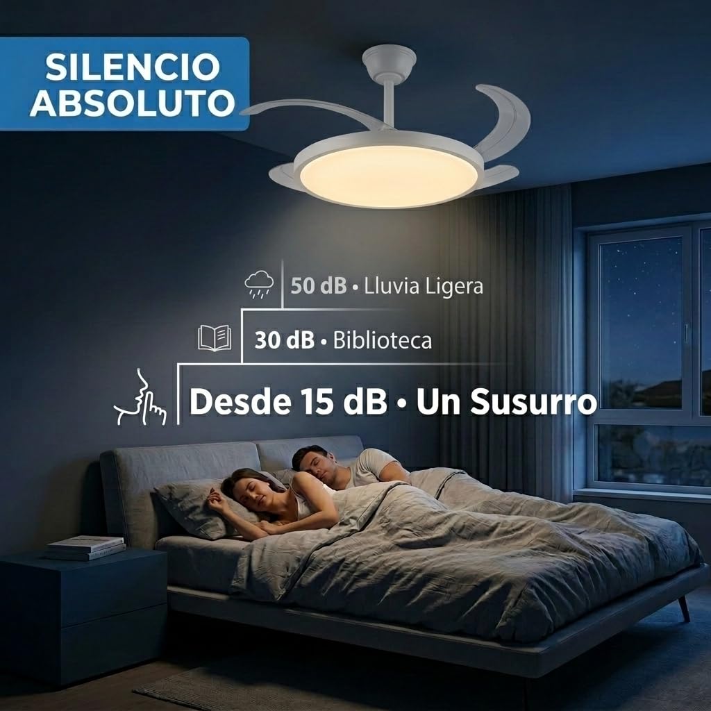 Lampara Techo con Ventilador | Ventilador Retractil Techo Silencioso | Aspas Plegables y Motor DC 30W Potente, 6 velocidades, Función Verano Invierno con temporizador | Luz LED 40W dimable (Madera)