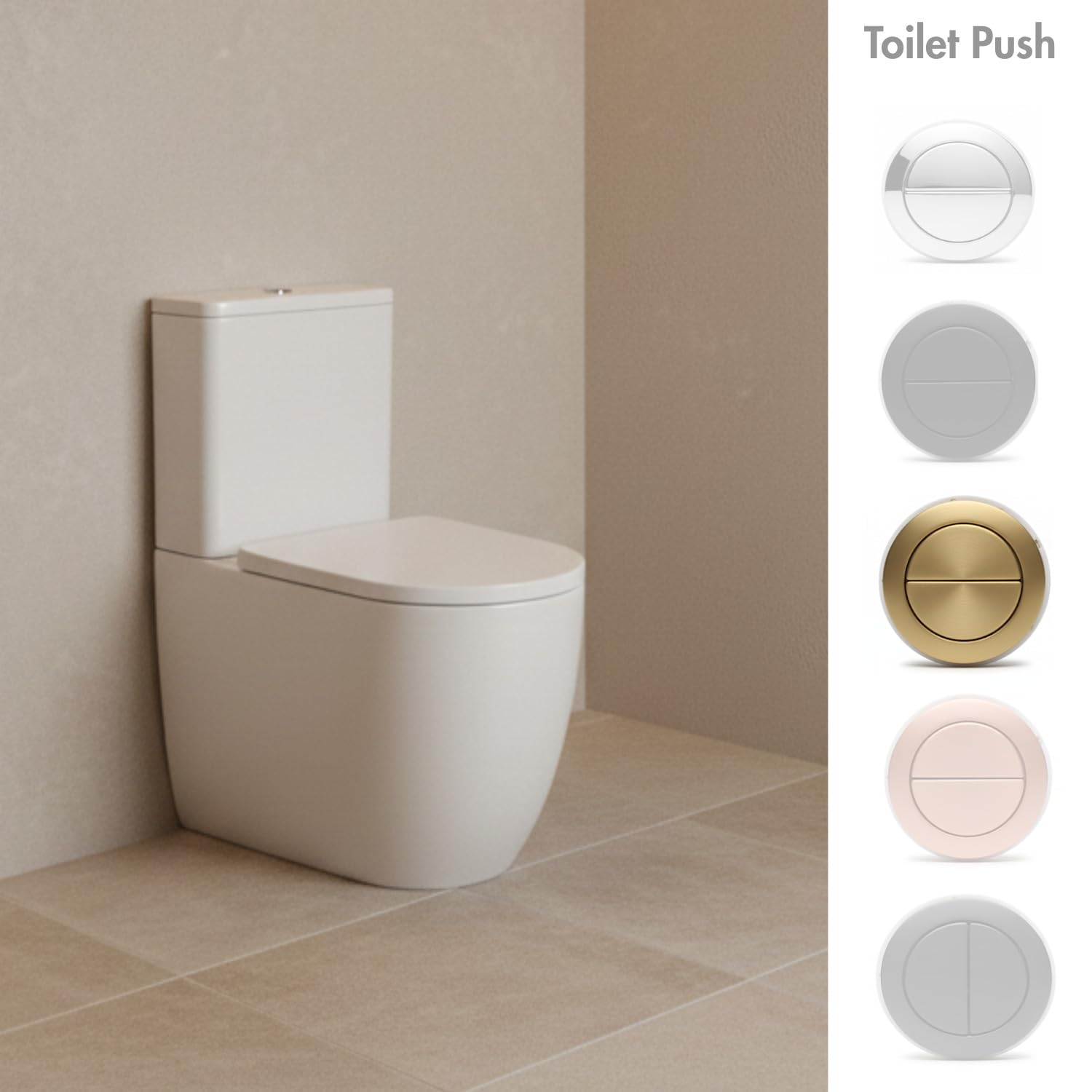 SOULHOME Pack Inodoro Completo Rimless Curvo Blanco Mate | Tapa Amortiguada | Salida Horizontal/Vertical | Doble Descarga Eco | Pulsador Dorado