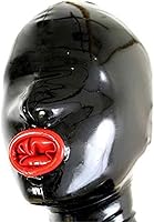 Vista 1 de Black Latex Hood with Inner Red Mouth Condom Open Nose Back Zipper Rubber Mask Club Wear