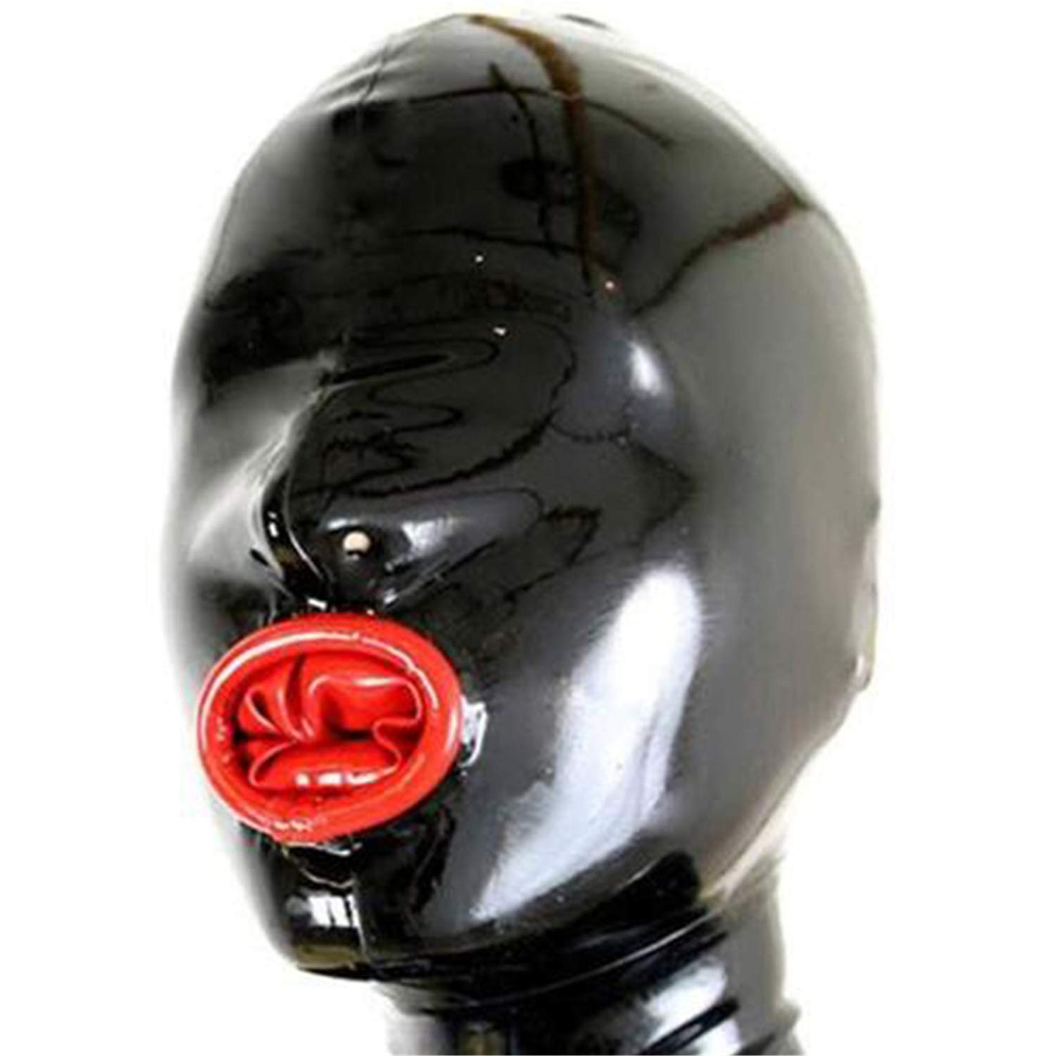 SecondSkin Black Latex Hood with Inner Red Mouth Condom Open Nose Back Zipper Rubber Mask Club Wear (Medium)