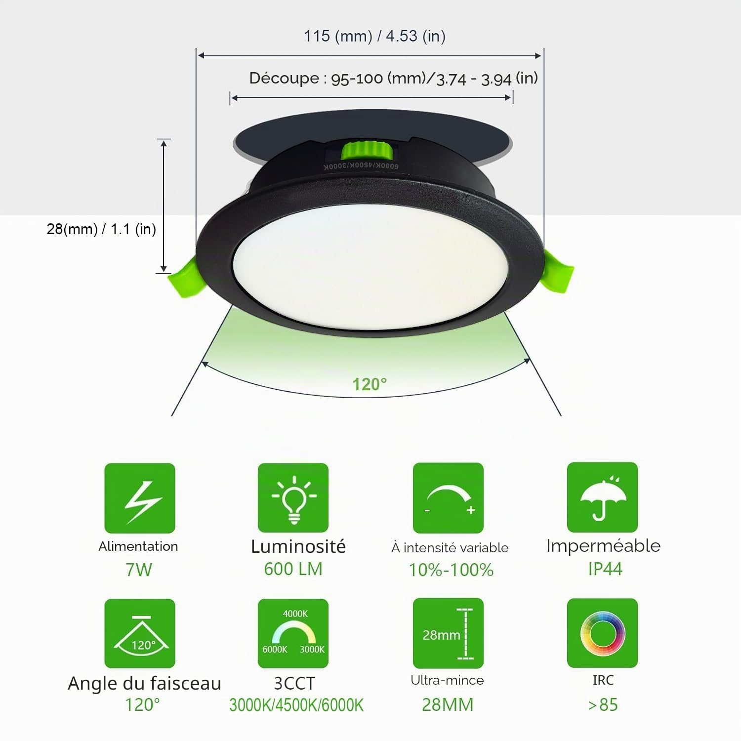 Sweier Spot LED Encastrable Dimmable, 7W 600LM Spots de Plafond Encastré Blanc Chaud 3000K Blanc Neutre 4500K Blanc Froid 6000K, Noir Spot LED IP44 pour Salle de Bain Cuisine Salon, Lot de 6