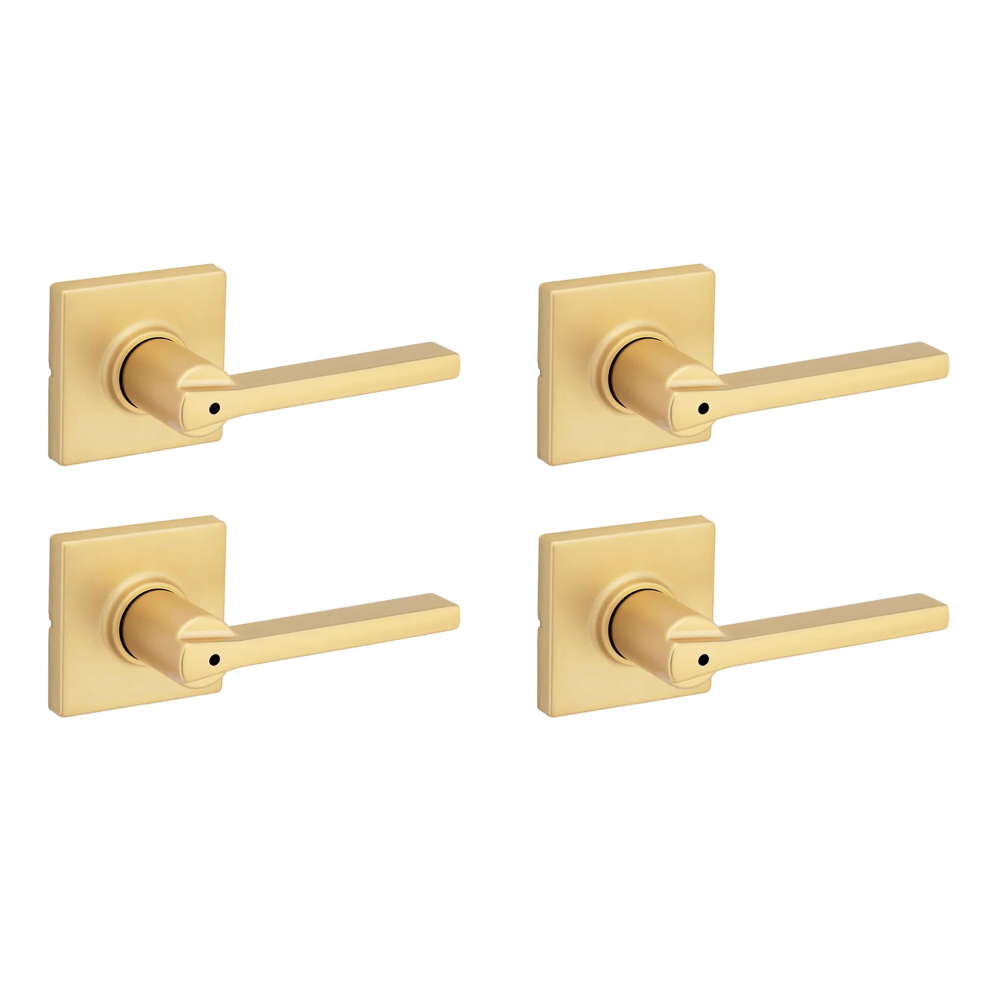 Kwikset Casey Interior Square Privacy Door Handle with Lock, Door Lever for Bathroom and Bedroom, Satin Brass, Reversible Keyless Push Button Lock Door Lever, 4 Pack