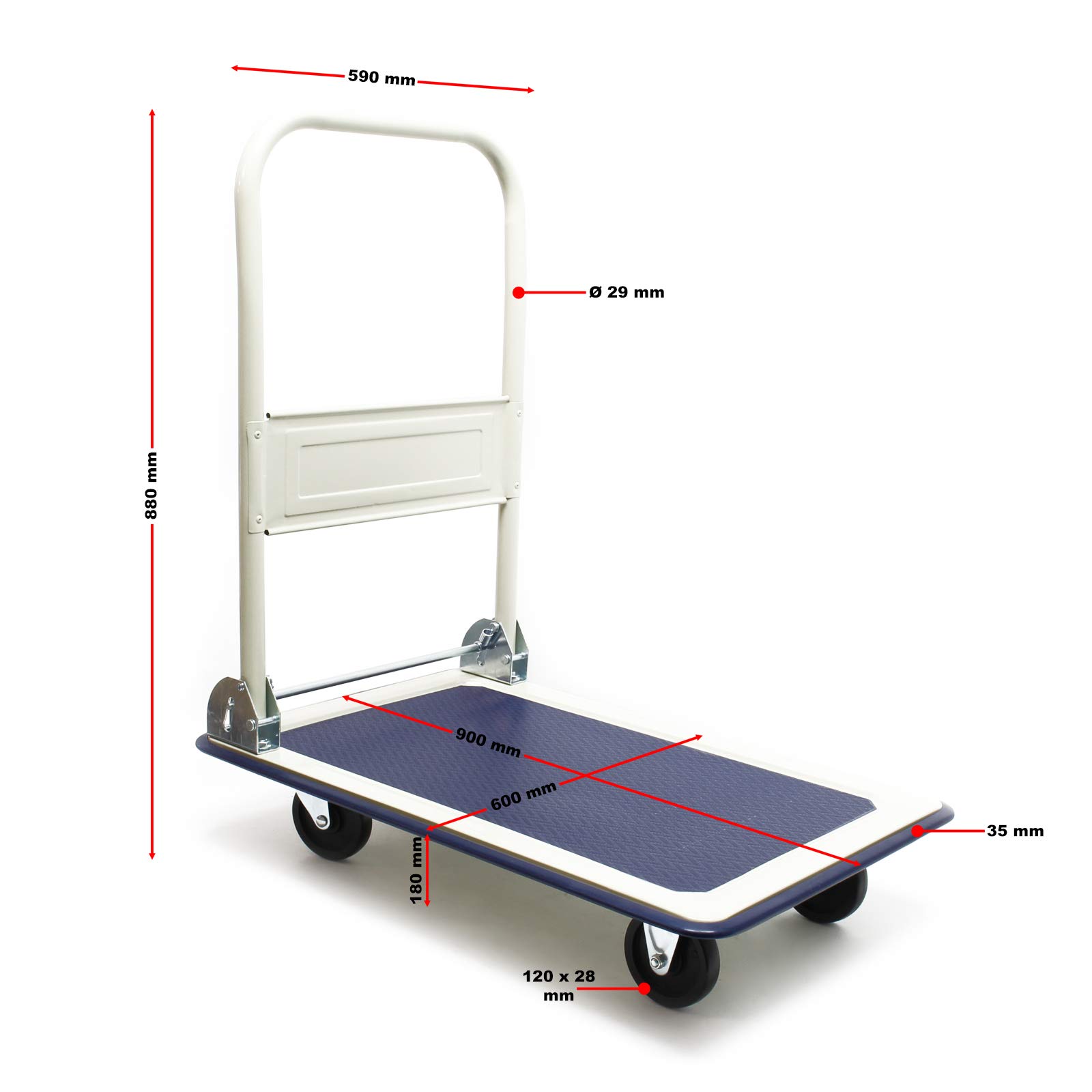 Carrello a pianale da magazzino max 300 kg con manico pieghevole