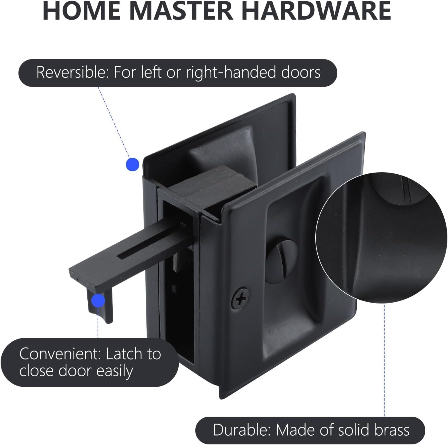 HOME MASTER HARDWARE Privacy Pocket Door Lock Pull Replace Damaged Or Old Sliding Door Locks Premium Quality Solid Brass Matte Black Pocket Door Hardware 2-3/4”x2-1/2”,for 1-3/8” Thickness Door 1 Pack