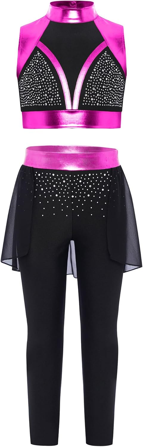 Kids Girls 2 Piece Jazz Hip Hop Dance Outfits Flash Diamond Sleeveless Crop Top And Skating Leggings Pants Set Hot Pink 8 Years