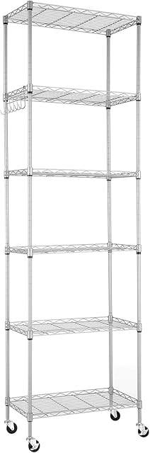 Himimi 6-Tier Wire Shelving Unit with Wheels,Height Adjustable, Heavy Duty Standing Storage Shelf with Hook for Bathroom Kitchen Garage Bedroom Silver