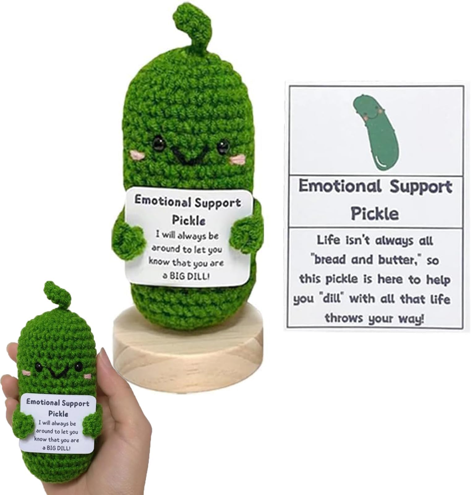 TERRIFI Emotional Support Pickle Doll, Cute Crochet Cucumber Knitting Toy, Funny Reduce Pressure Gift, with Positive Cards, Unisex, Green, 4.3 Inches