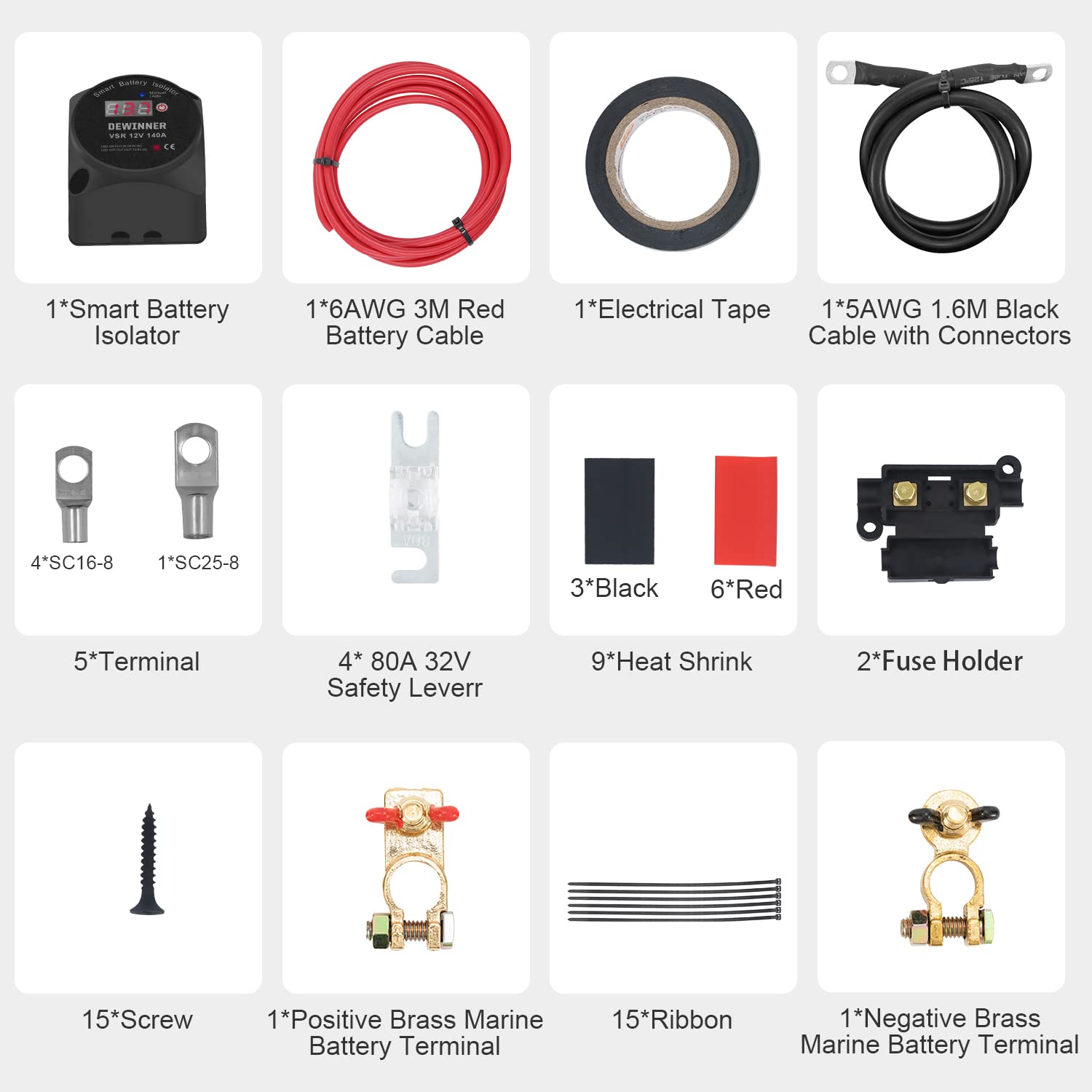 Dettagliato view of all components included in the DEWINNER Dual Battery Isolator Kit
