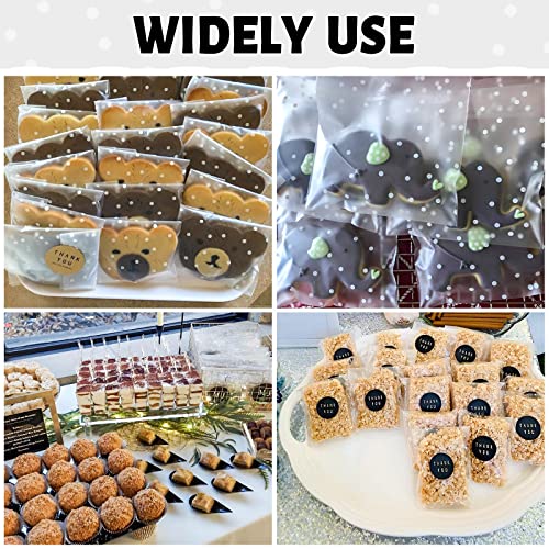 NPLUX 100PACK Self Adhesive Cookie Bags Cellophane Treat Bags Thank You for Gift Giving Candy with Stickers(White Polka Dot,4x6 INCH)