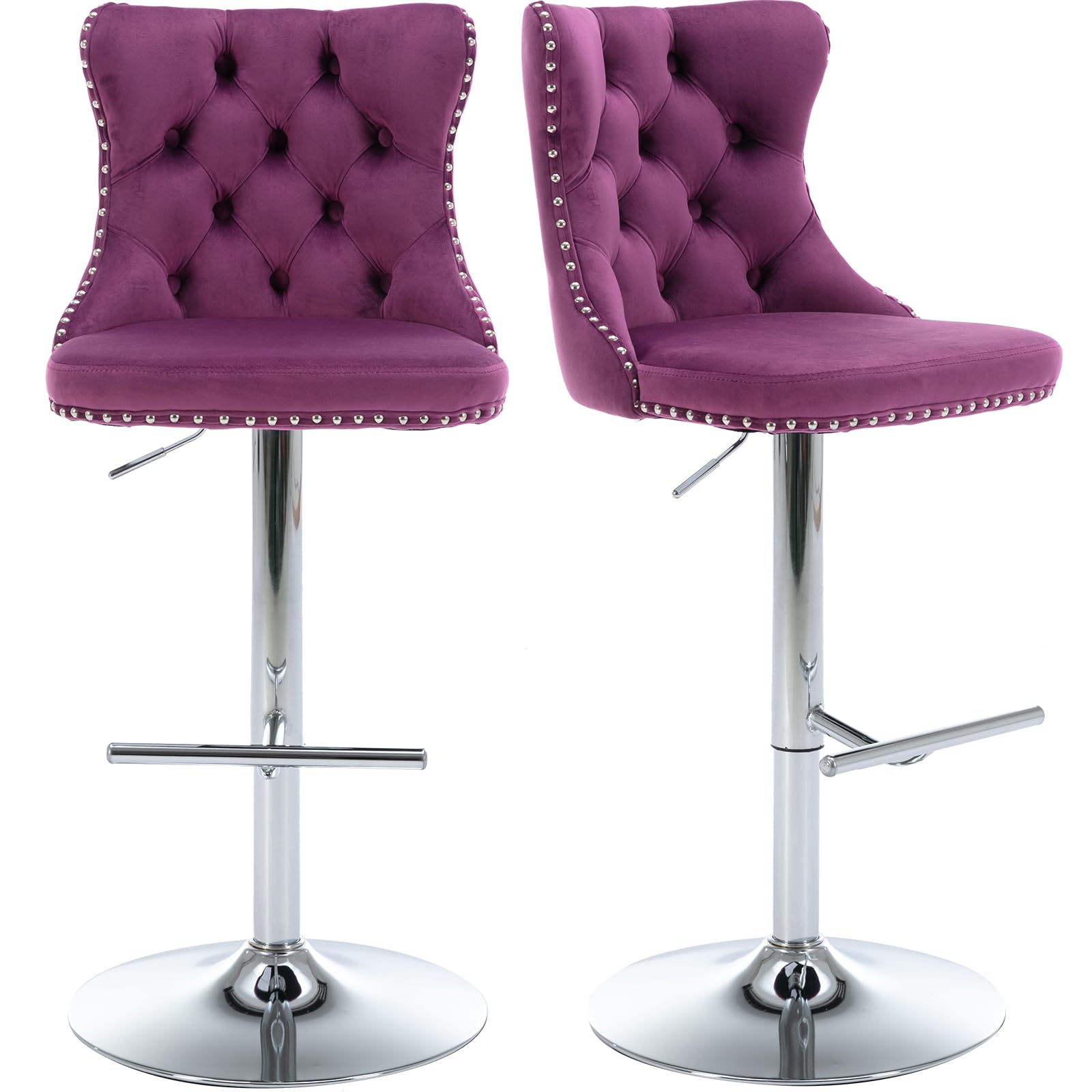 ZenNook Swivel Counter Height Bar Stools Set of 2, Violet Kitchen Island Barstools, Velvet Adjustable Bar Height Stool Chairs, Tufted Back, Silver
