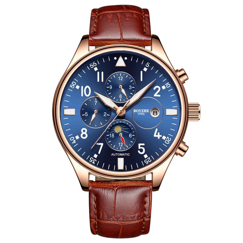 Orologio meccanico da uomo con cinturino in acciaio inossidabile color oro rosa con fasi lunari, data, settimana e mese, vetro zaffiro