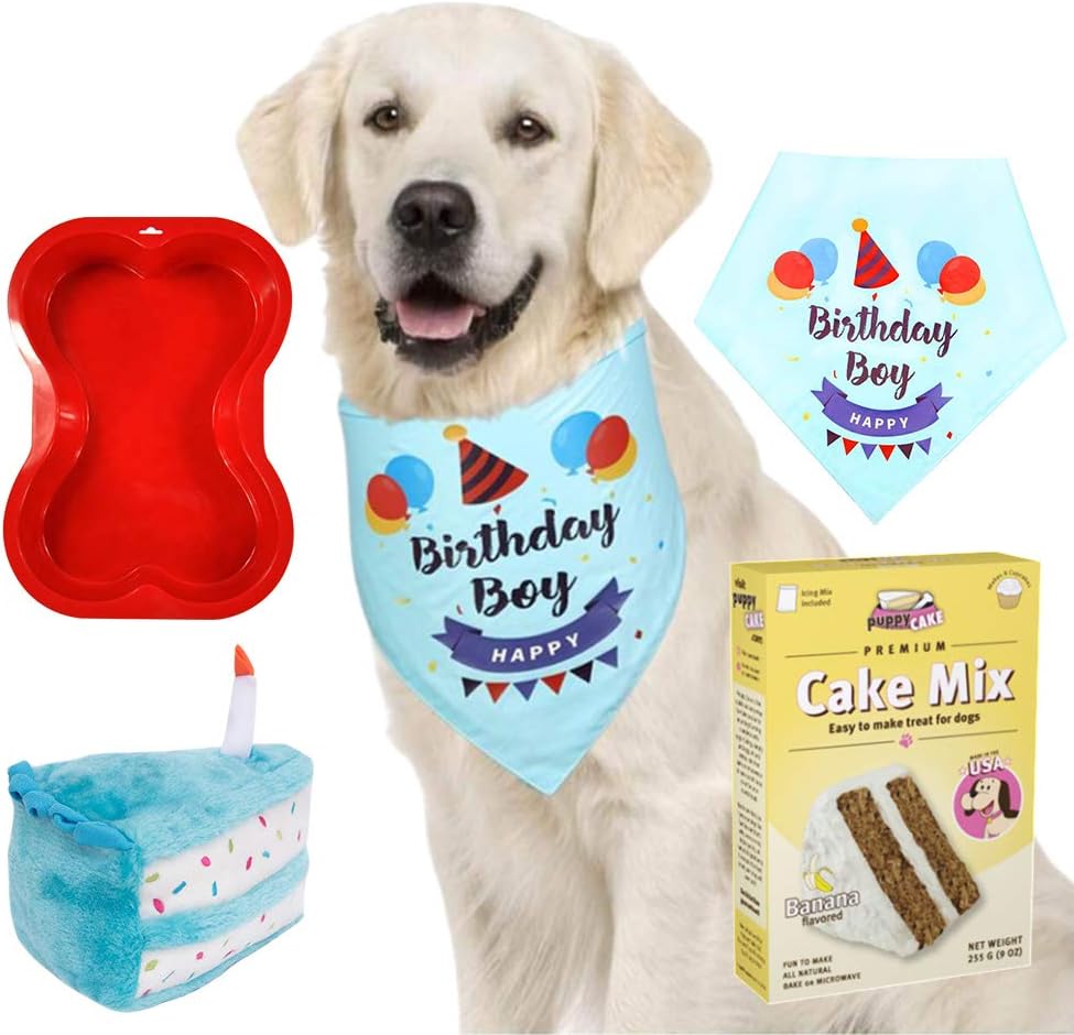 Primo Lines Dog Birthday Party Supplies Wheat-Free Cake Mix and Frosting, Cake Stuffed Toy, Bone Shaped Cake Pan, Bandana - Blue for Boys and Pink for Girls - Banana, Peanut Butter and Pumpkin Flavor
