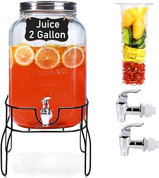 2 Gallon Glass Drink Dispensers for Parties, Sun Tea Glass Jar for Outside Beverage Dispenser with Stand+Lid 2 Press-SpigotsEasy for kids Fruit Infuser, Beverage Dispensers-Mason Jar