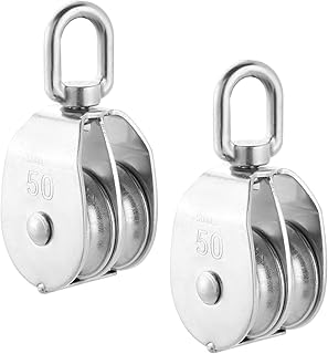 ATPEAM M50 Double Pulley Block Pack of 2 Hanging Wire Pulley Roller 304 Stainless Steel Heavy Duty Double Wheel Block Pulley for Lifting Rope