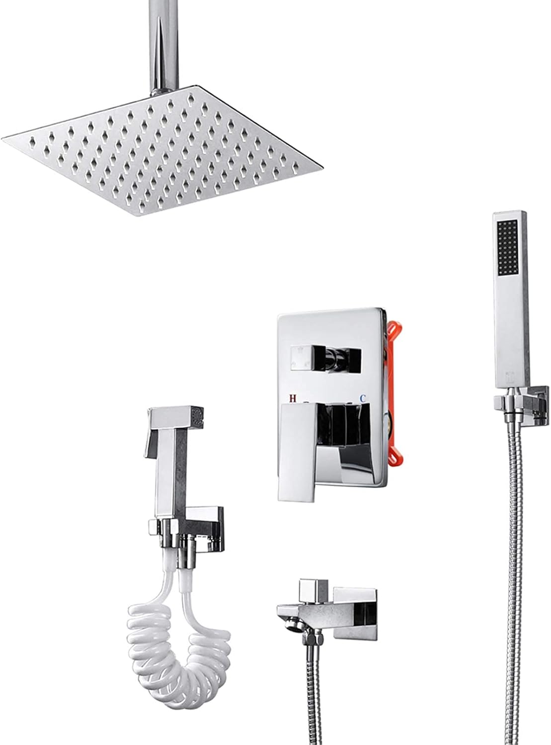 Chrome Rain Mixer Shower Combo Set Ceiling Mounted Bathroom Shower Faucet Set with Square 8 Inches Shower Head, Handheld Shower, Tub Spout, Bidet Sprayer