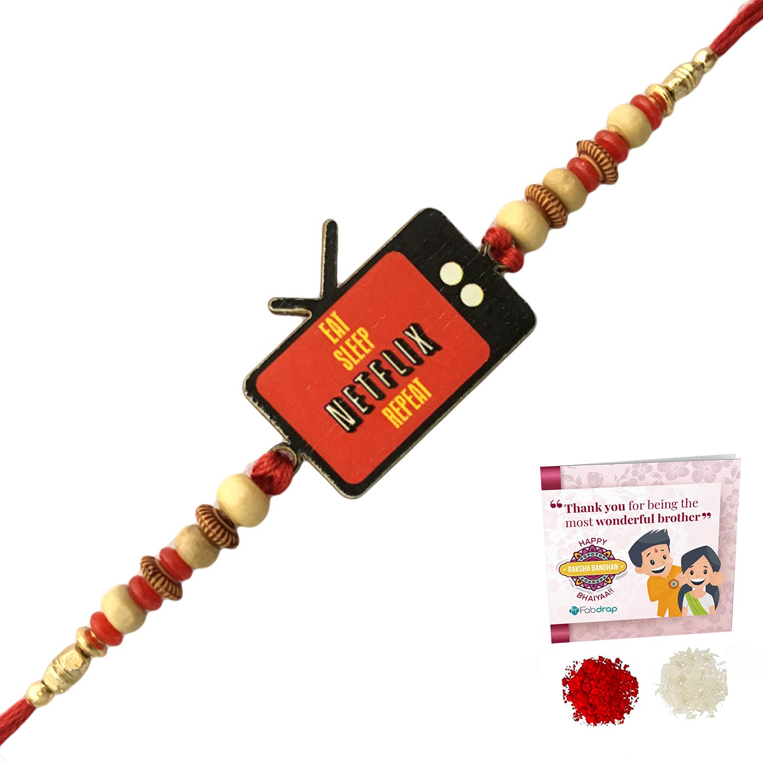 Special Designer Funky Rakhi for Brother - Wooden Rakhi - Rakhi with Greeting Card & Roli Chawal-image-0