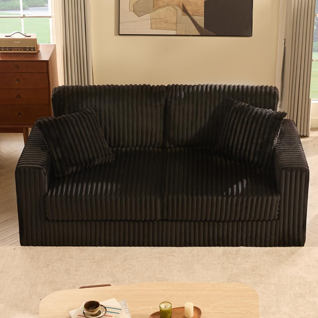 Cloud Couch Queen Sofa 80" 2-Seater Sofa(Not Boneless), Set of Modern Corduroy Loveseat with Deep Seats, High Backrest & Pocket Spring Cushions, Comfy Upholstered Couch for Living Room, Black