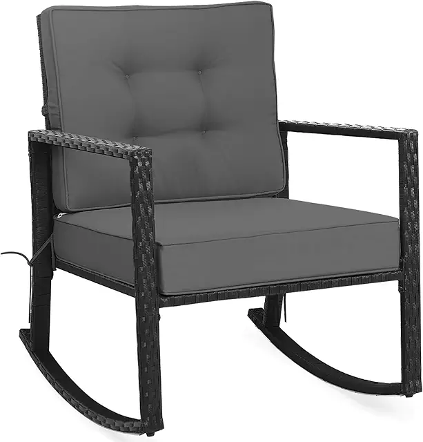Outdoor Wicker Rocking Chair - All-Weather PE Rattan Glider with Cushions (Grey)