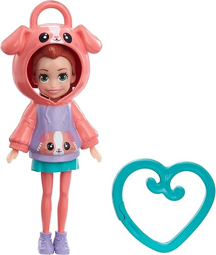 Polly Pocket Friend Clips - Muñeca Lila con capucha de cachorro y clip en forma de corazón verde, regalo para niños a partir de 4 años