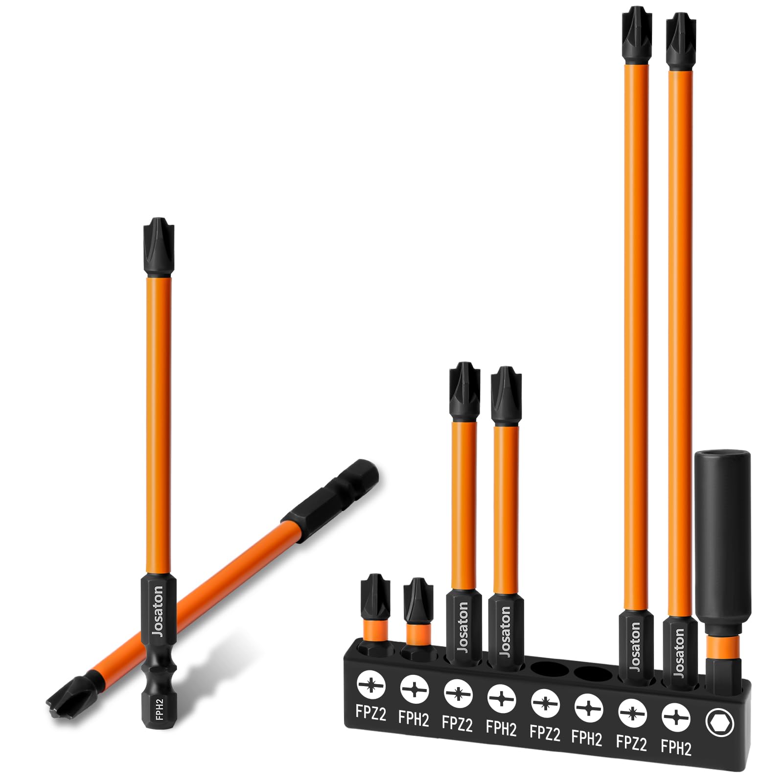 9Pcs Phillips Pozidriv Slotted Electricians Bits, Josaton S2 Steel Impact Driver Bit with Bit Extensions, Upgraded FPH2 & FPZ2 from PH2 & PZ2, Magnetic Screwdriver Drill Bit, 1/4" Hex Shank
