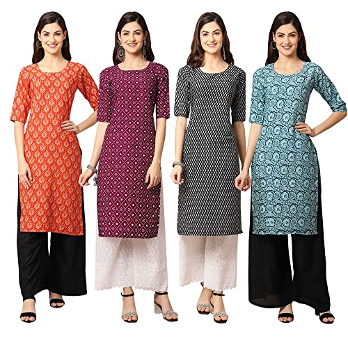 Image of Pinkmint Women's Crepe Digital Print Straight Kurta [Pack of 4] (CCV-334-338-339-335)