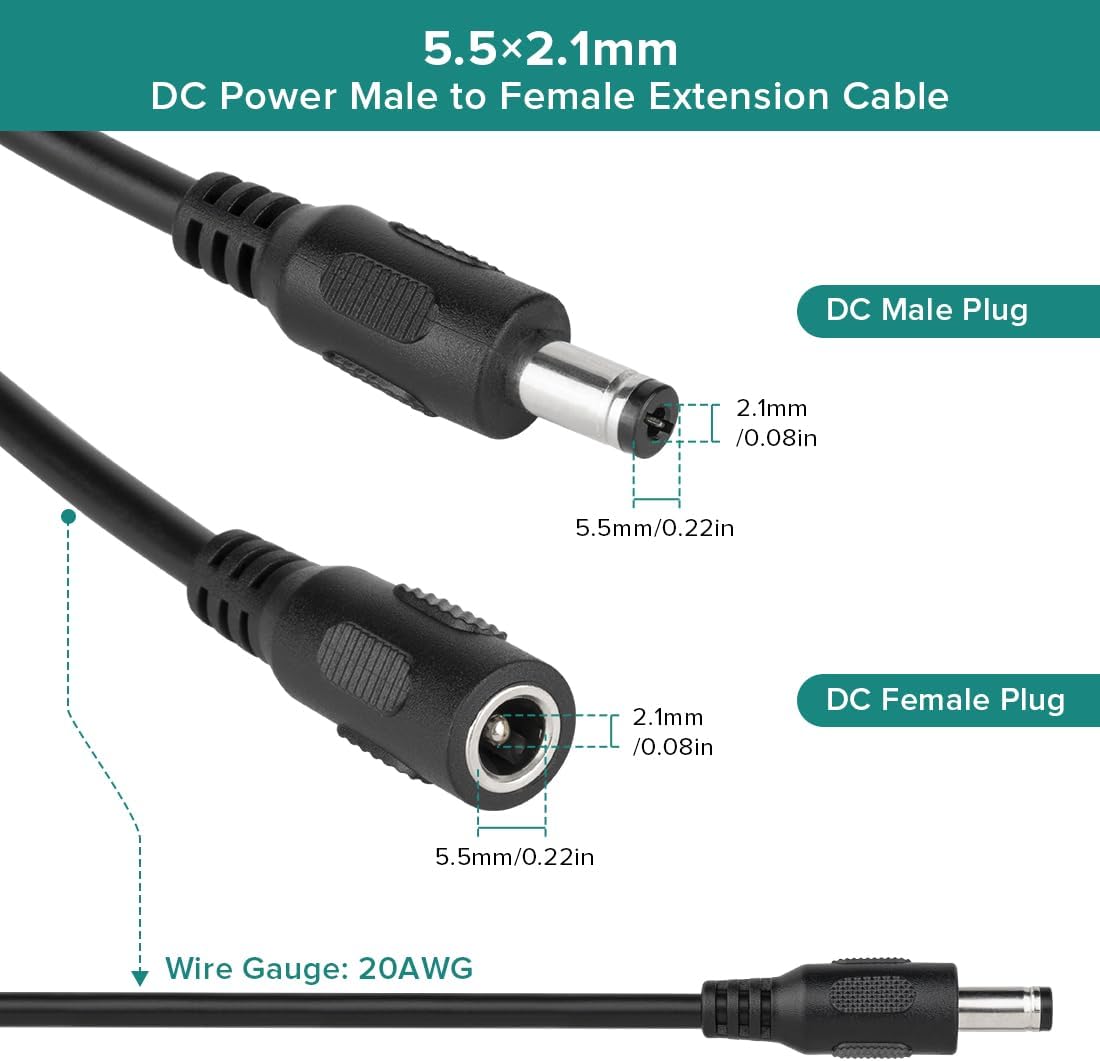 BTF-LIGHTING 5 Pack 20AWG 5.5mm x 2.1mm DC Pigtail Cable Connector Male to Female Barrel Plug 6.56FT/2m Extension Cable for 2PIN FCOB SMD Single Color LED Strip Light Solderless Controller Wire