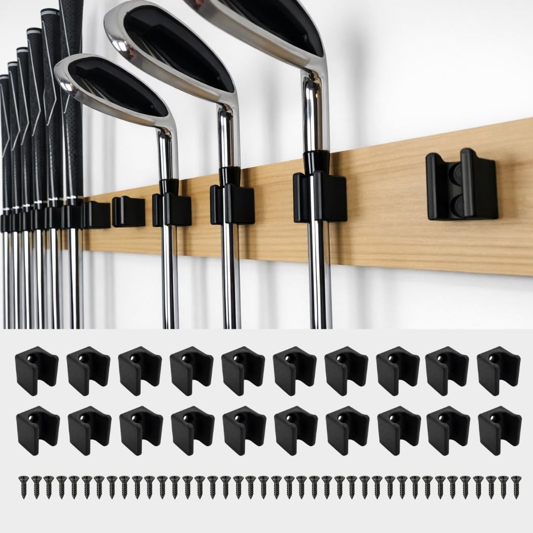 Black [Jintech] Golf Club Organize Holder, Wall Display, Wall Hanger, Rack, Mount [20 Holder Set] (, 10Mm-Head Up)