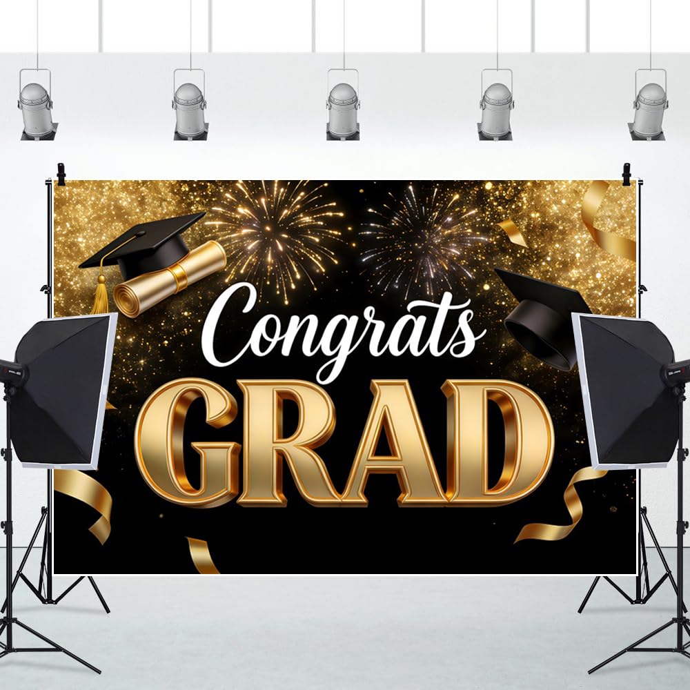 3.6x1.8m Graduation Background 2026 -Black & Gold Graduation Large Wall Poster Photo Background Graduation Cap Gold Fire Supplies for Graduation Party