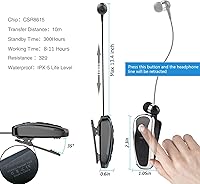 Vista 5 de Auriculares inalámbricos retráctiles auriculares estéreo ligero V5.0 Cancelación de ruido micrófono Clip en el auricular entrenamiento deportes