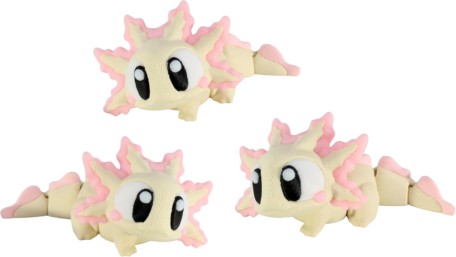 PowerTRC 3D Printed Articulated Axolotl Fidget Toy 3 Pack – Flexible Cute Animal Desk Decor, Adult Fidget Collectible – 3D Printed in USA
