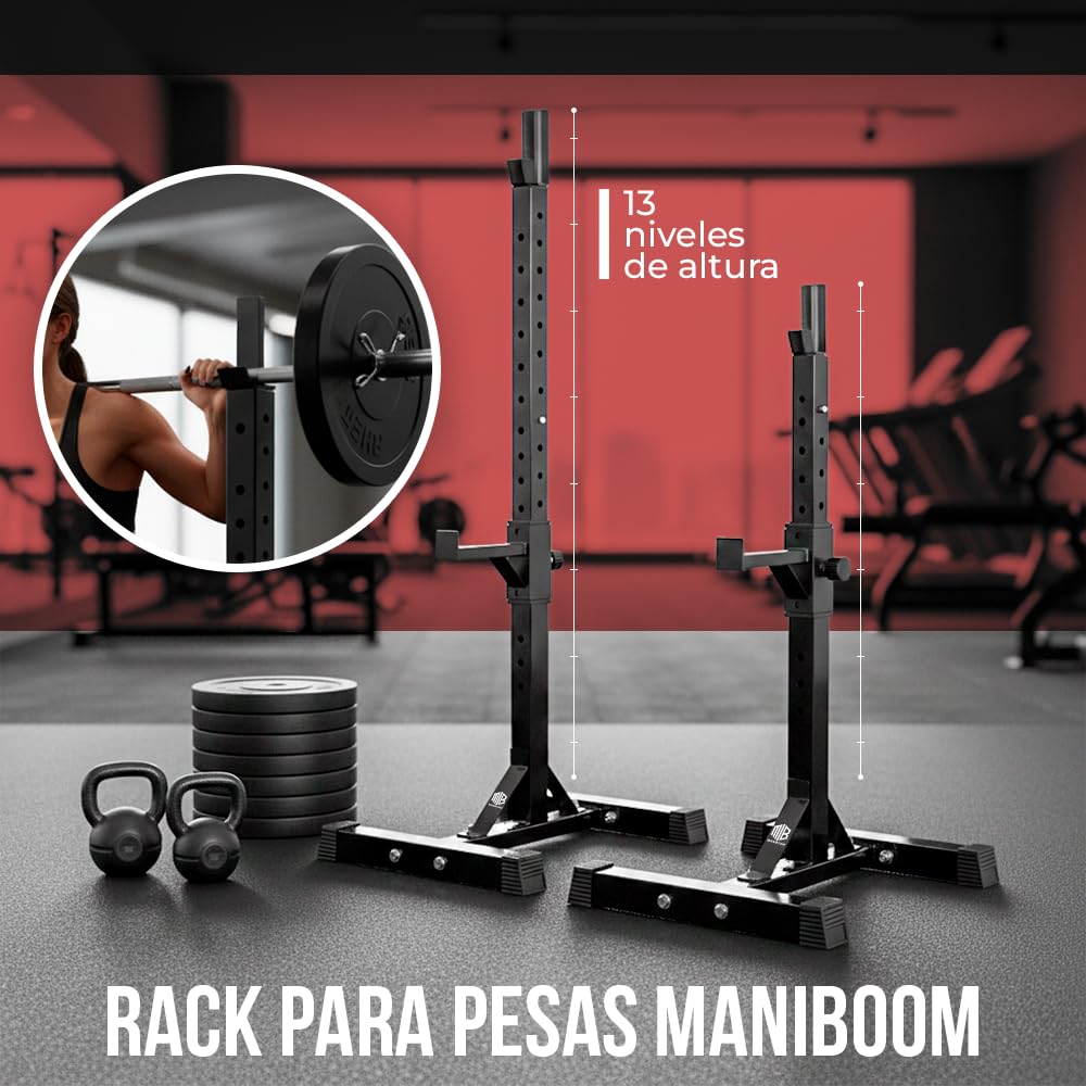 ManiBoom Soporte Barra Pesas para Sentadillas o Press Banca ESTABLE - Maquina Sentadillas Max. 300KG - Rack Musculación AJUSTABLE a 13 Alturas - Soporte Pesas Compacto para Gym en Casa