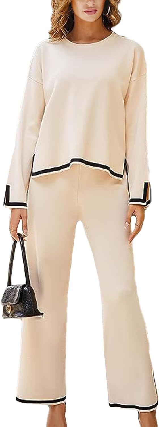 Woolicity NEW Womens 2 Piece Sweatsuit Set Outfits Long Sleeve Knit Sweater Top Wide Leg Pants Lounge Sets Tracksuits Set