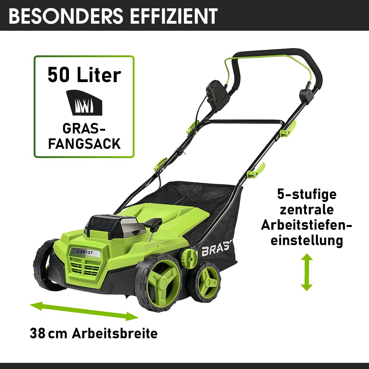 BRAST Akku-Vertikutierer Rasenlüfter 40V | 2x 4,0Ah-Akkus | 38cm Arbeitsbreite | 2in1 Funktion | 5-stufig einstellbare Arbeitstiefe | inkl. Schnellladegerät | 50L Fangsack | für Flächen bis 500 m²