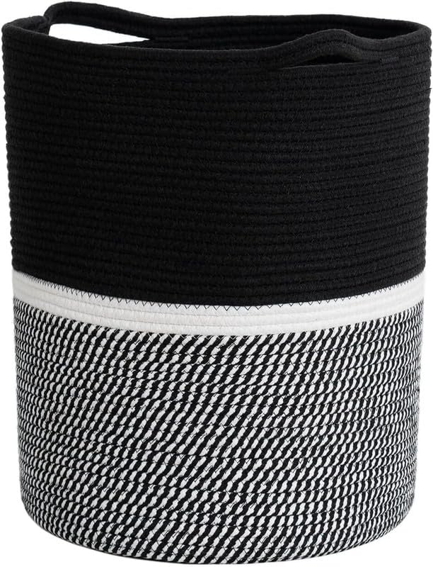 Image of Large Basket Natural Cotton Rope Storage Basket and Hamper for Cloths and Multi Usage in Living Room, Bedroom, Laundry Room (Size - 15 inch x 15 inch x 18 inch) (Black Mix)