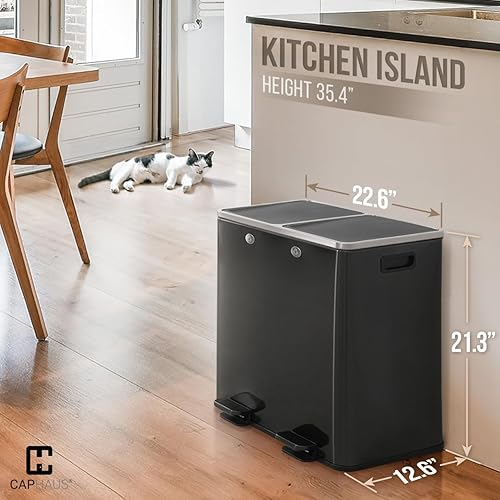 CAPHAUS Cubo de Basura Negro Dual con Doble Tapa, Combo de Cubo de Basura y Reciclaje, Cubo de Basura de Acero Inoxidable Sin Contacto para Cocina,