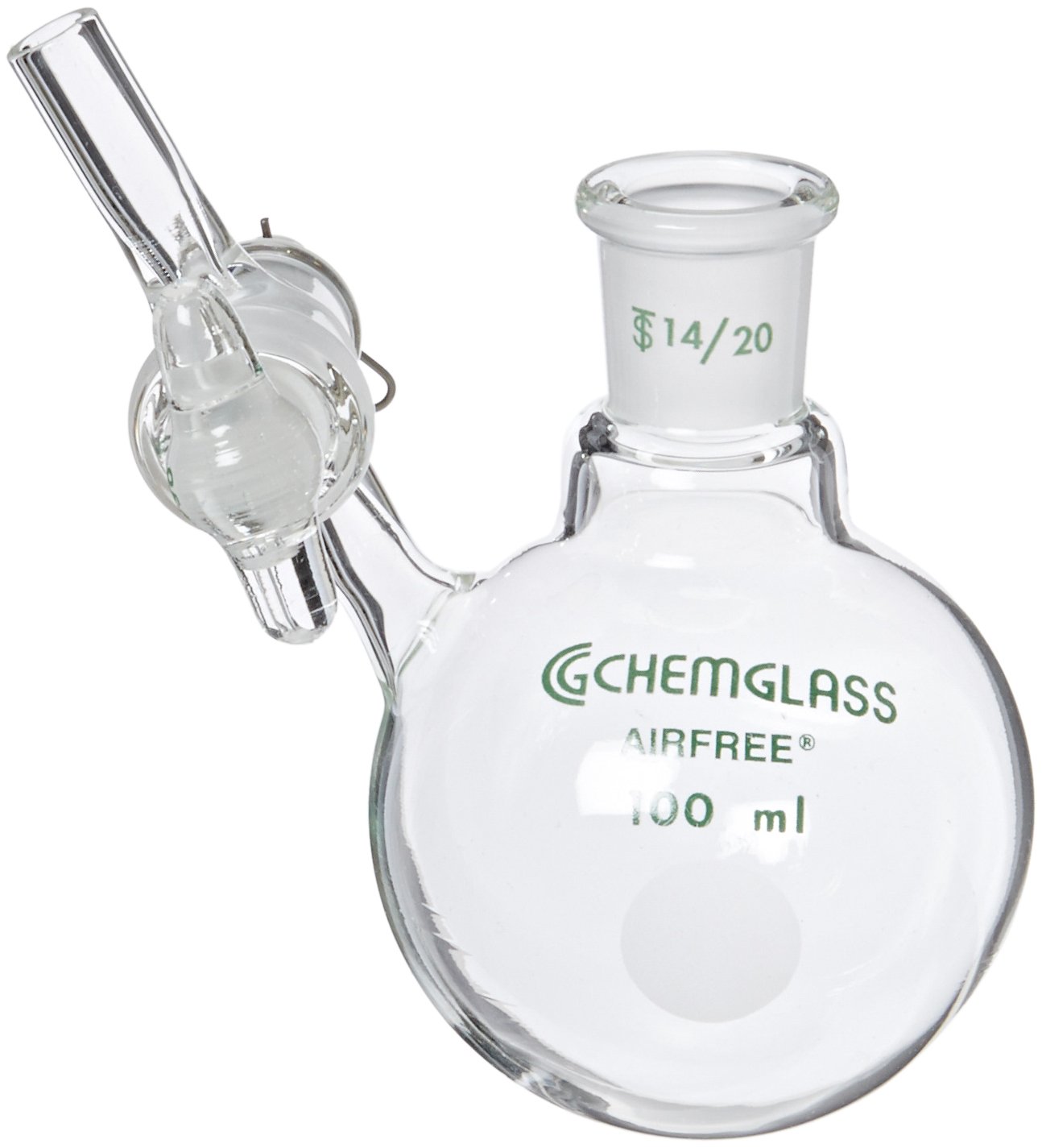 Chemglass AF-0528-02 Airfree Single Neck Reaction Flask with 2mm Glass Stopcock, Round Bottom Shape, 14/20 Standard Taper Outer Joint, 100ml Capacity