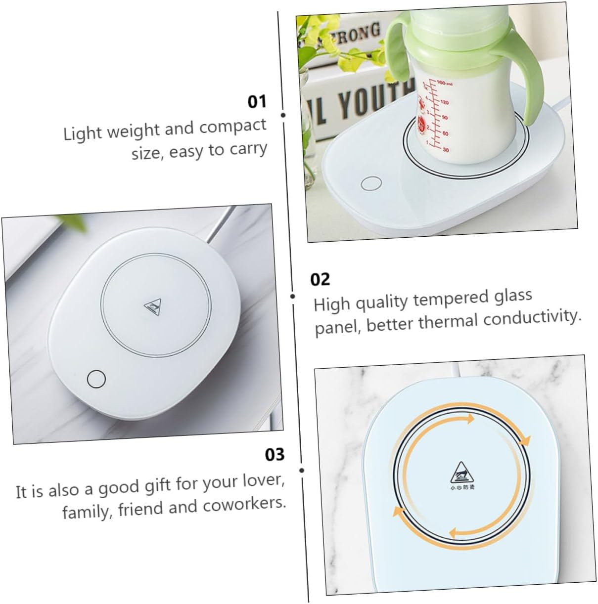 TIDTALEO Temperature-Controlled USB Coffee Mug Warmer with Tempered Glass Panel Anti-Splash Heating Pad for Desk Portable White Cup Heater for Tea Milk and Water Random Color