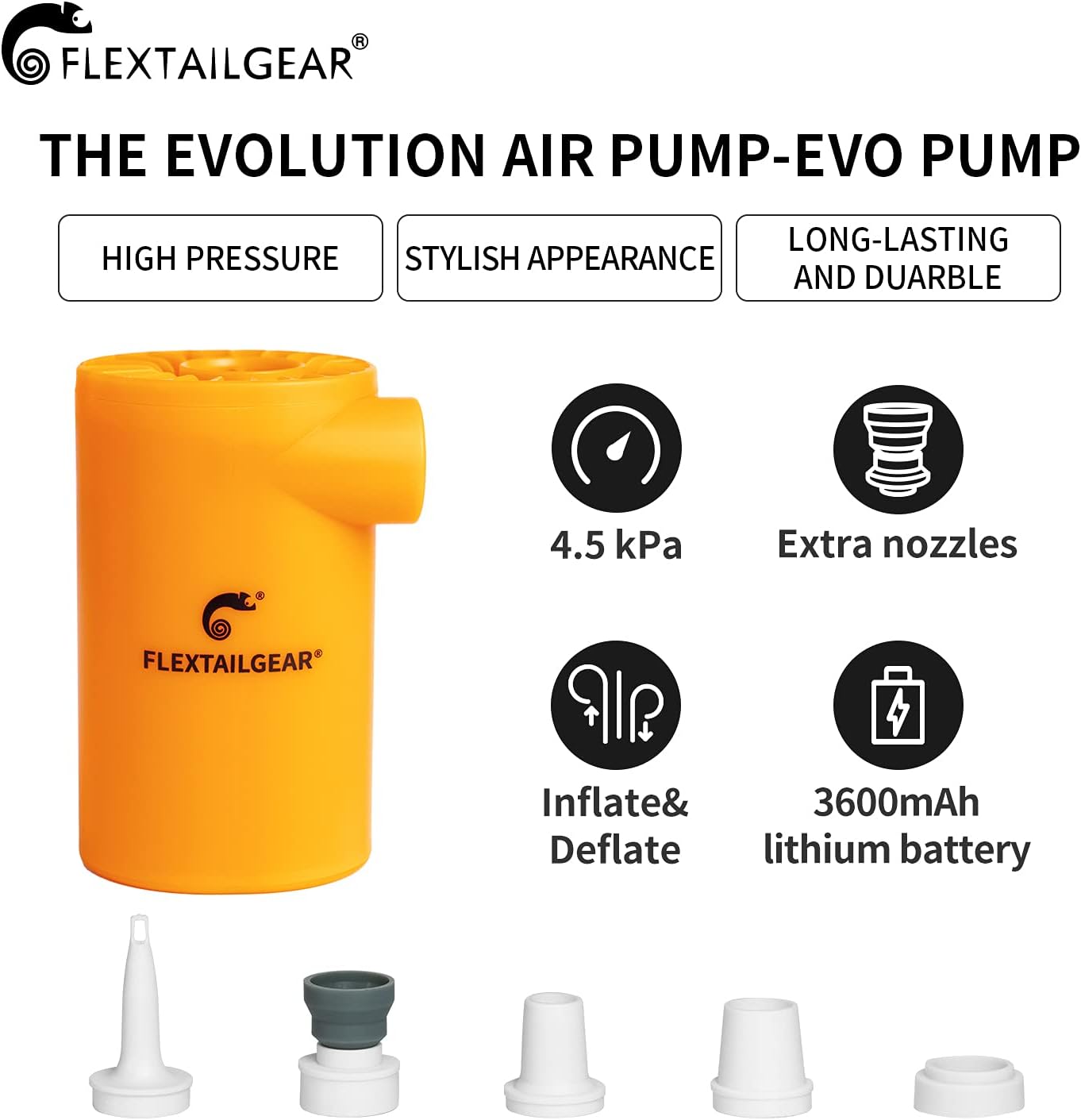 FLEXTAILGEAR Electric Air Pump with 3800mAh Rechargeable Battery Powered Portable Mini Air Mattress Pump 4.5 KPa High Pressure for Swimming Ring, Boat, Pool Inflatables, Bed Mattress, Camping : Home & Kitchen