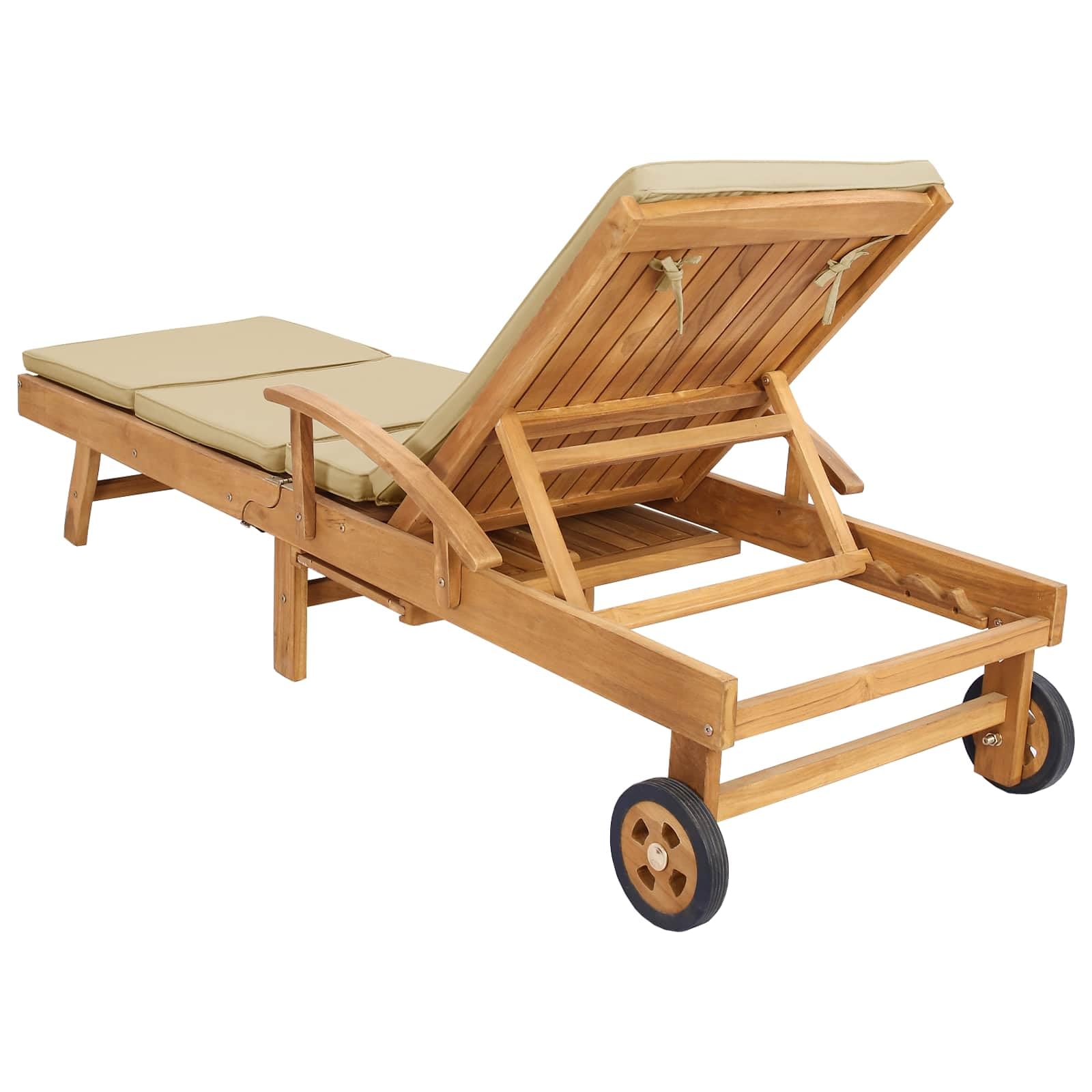 Lettino prendisole in teak massiccio con imbottitura 100% poliestere, regolabile e pieghevole, include tavolo laterale allungabile, ruote e braccioli per giardino, terrazza