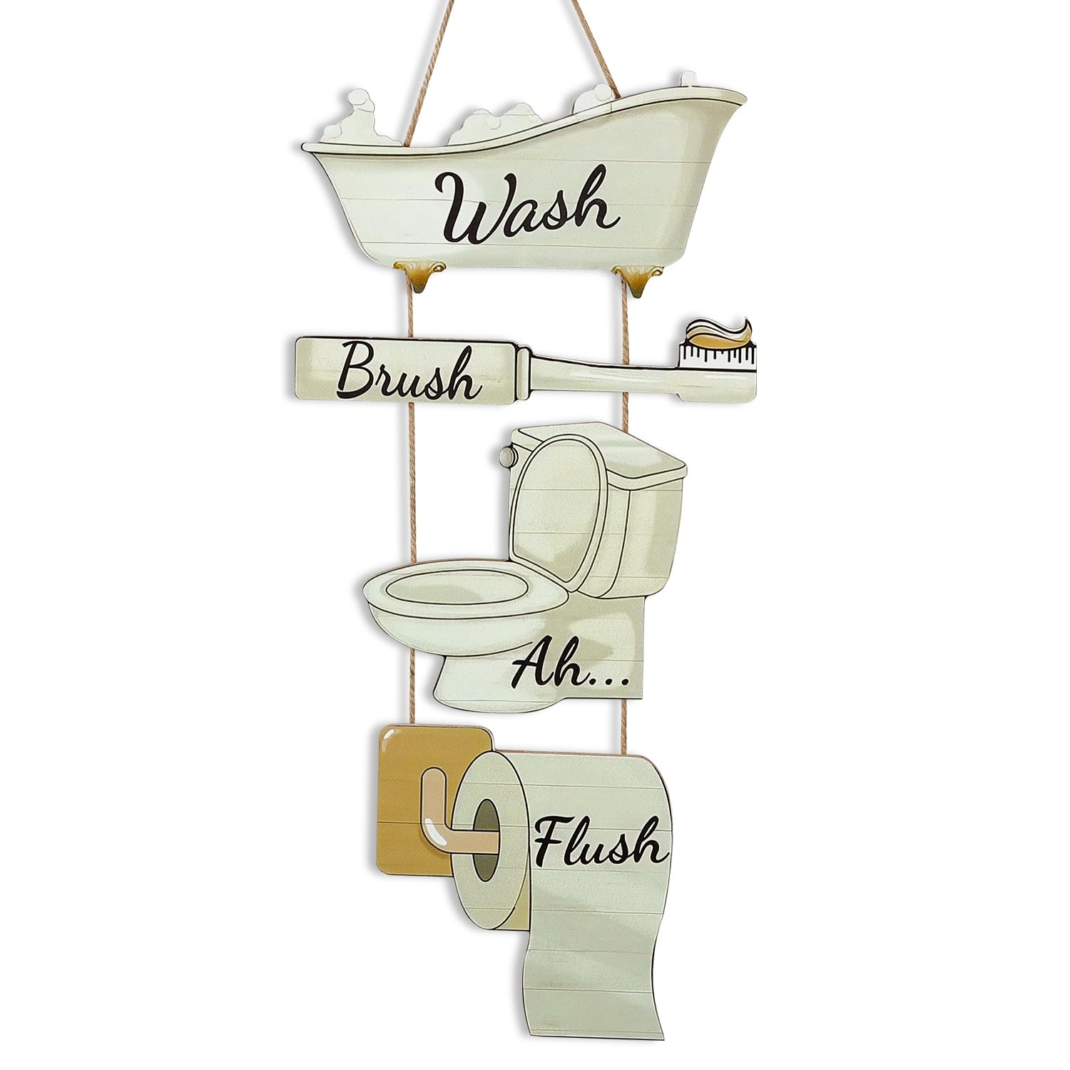 NymphFable 4Pcs Rustic Bathroom Wall Art, Wash Brush Ah Flush Wooden Hanging Sign for Farmhouse Restroom Toilet Bathroom Decor