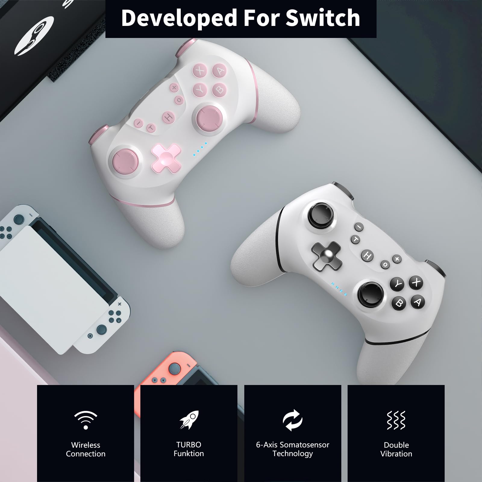 AceGamer 2pcs Mando inalámbrico para Switch 2/Switch/Lite/OLED, Mando para Switch Pro con función de despertador con un botón/vibración/turbo/pantalla(Rosa y Blanco)