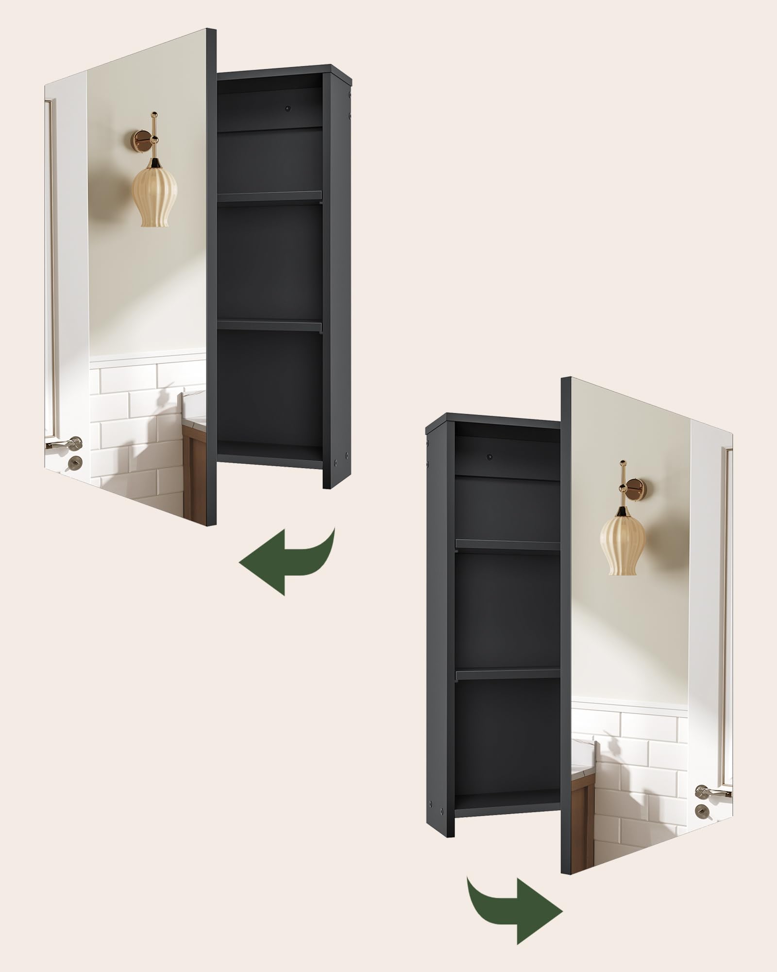CHOEZON Armadietto da Bagno 45x60 cm a Parete con Specchio, Armadietto per Medicinali Sospeso con Ripiani Regolabili, Specchio da Ingresso, Nero