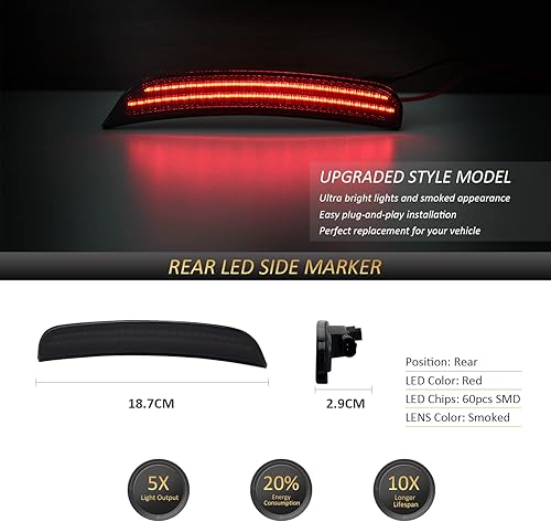 Miniatura 3 de D-Lumina Luces LED de posición laterales traseras rojas, lente ahumada doble LED para Dodge Charger 2015-2022, luces de parachoques trasero,
