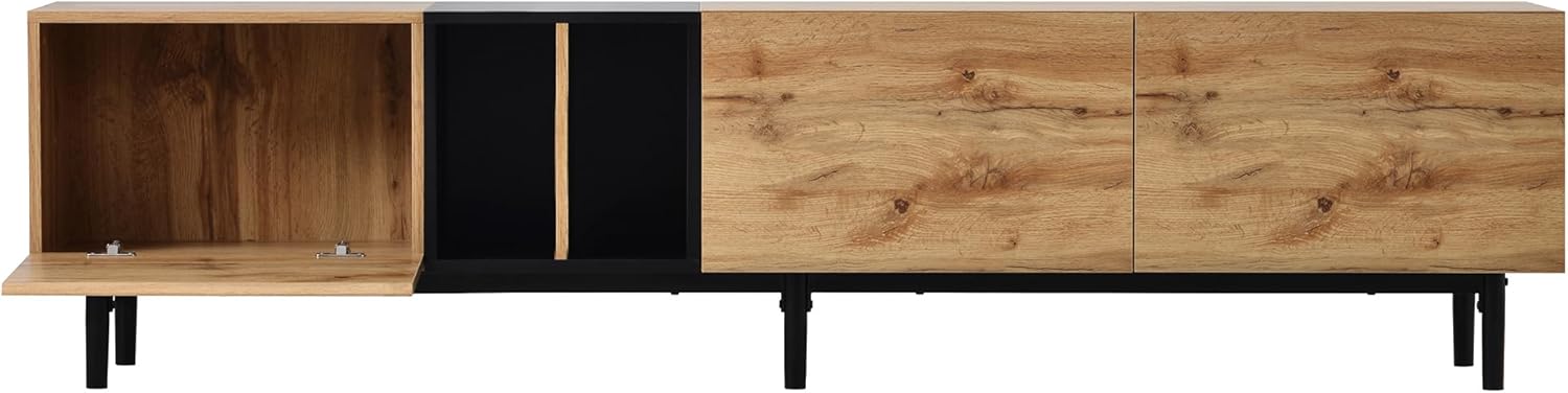 Wooden TV Stand, Modern TV Stand with Three Doors & Open Shelves, Sturdy Media Console Table for 80'' TV, Entertainment Center with Large Storage Cabinet for Living Room, Bedroom, Natural Wood Color